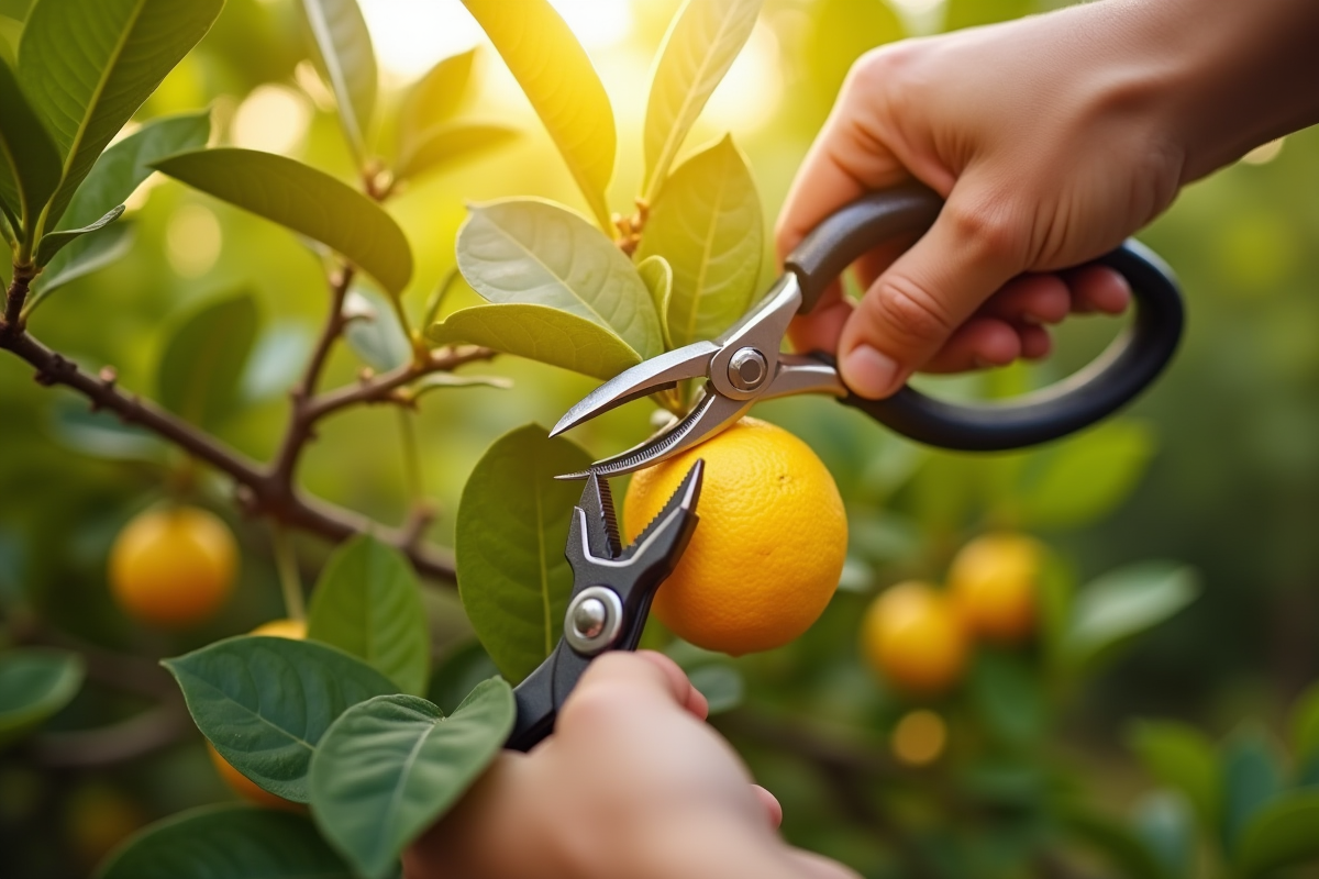 Mains tenant des sécateurs coupant une branche de citronnier ensoleillé