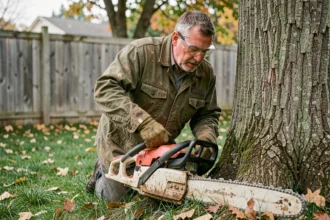 Homme en équipement de protection coupant un arbre avec une tronçonneuse dans un jardin résidentiel