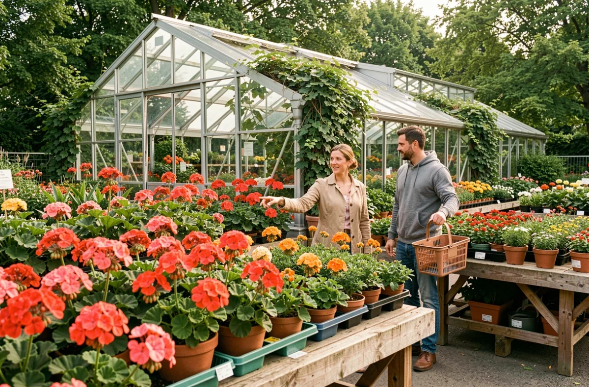 Couple en train de choisir des plantes à fleurs dans la section extérieure d'une jardinerie locale avec des rangées colorées de géraniums