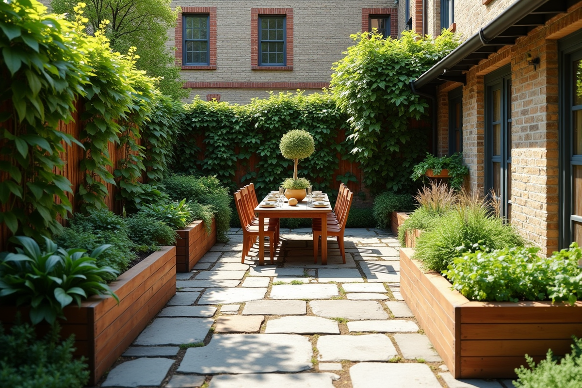 Cour urbaine avec jardinières en bois et table de repas