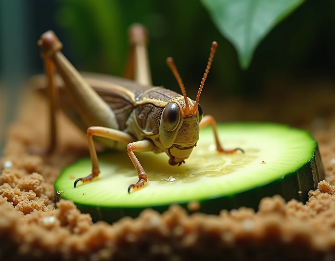 Criquet en élevage domestique se nourrissant d'une rondelle de courgette dans un terrarium
