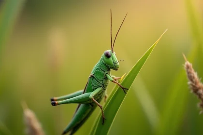 Criquet vert se nourrissant d'une tige d'herbe sauvage dans une prairie naturelle