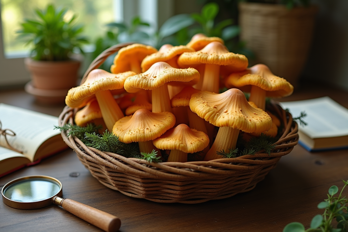 Faux chanterelles dans un panier en bois avec guides
