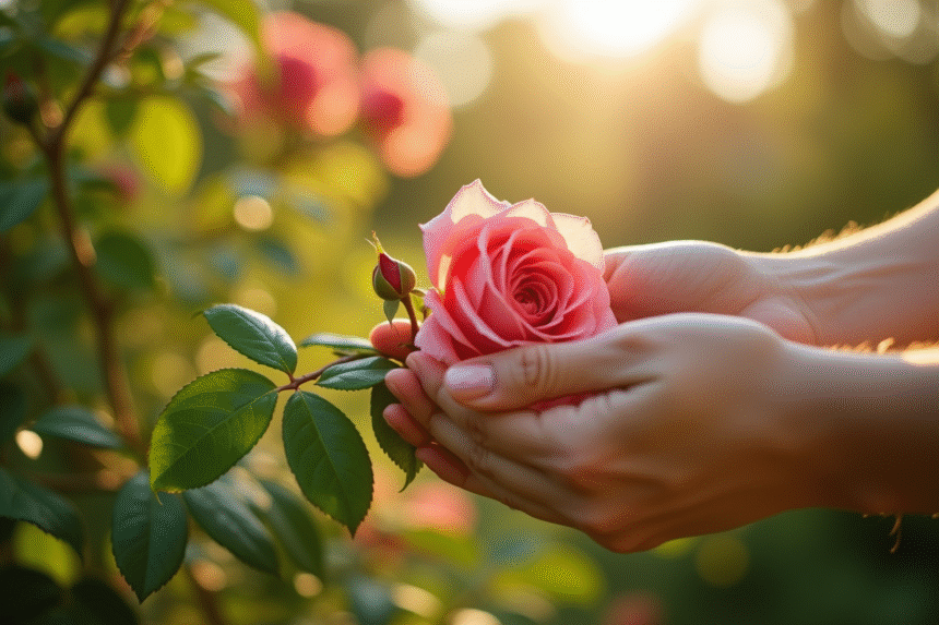 Mains délicates cueillant une rose dans un jardin ensoleille