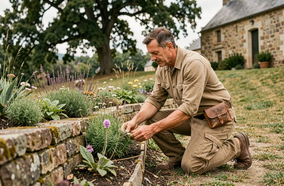 Paysagiste David B. Paysages aménageant une bordure de plantes vivaces près d'un mur en pierre lorrain