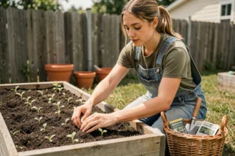 Jeune femme débutante en jardinage plantant des semis dans un carré potager surélevé en bois dans un jardin suburban
