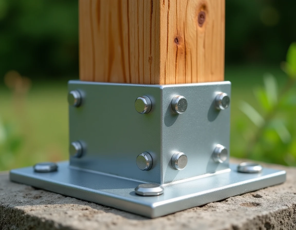 Détail du renfort métallique et de l'ancrage au sol d'un poteau de pergola en bois traité