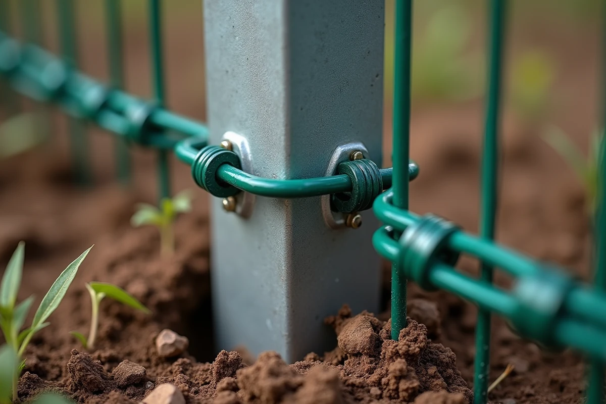 Gros plan sur un piquet à planter fixant un grillage dans le sol sans ciment avec des attaches métalliques