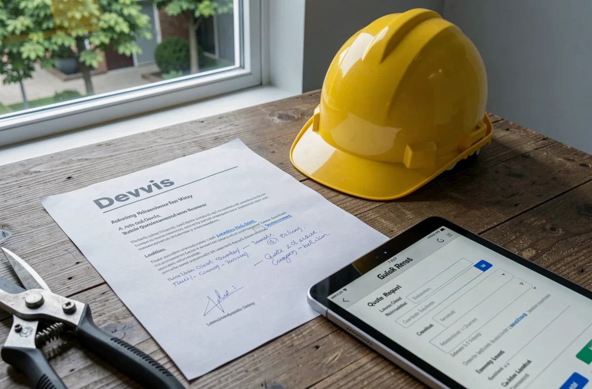 Bureau d'entreprise d'élagage avec devis papier annoté, casque de sécurité et formulaire de demande de devis en ligne sur tablette