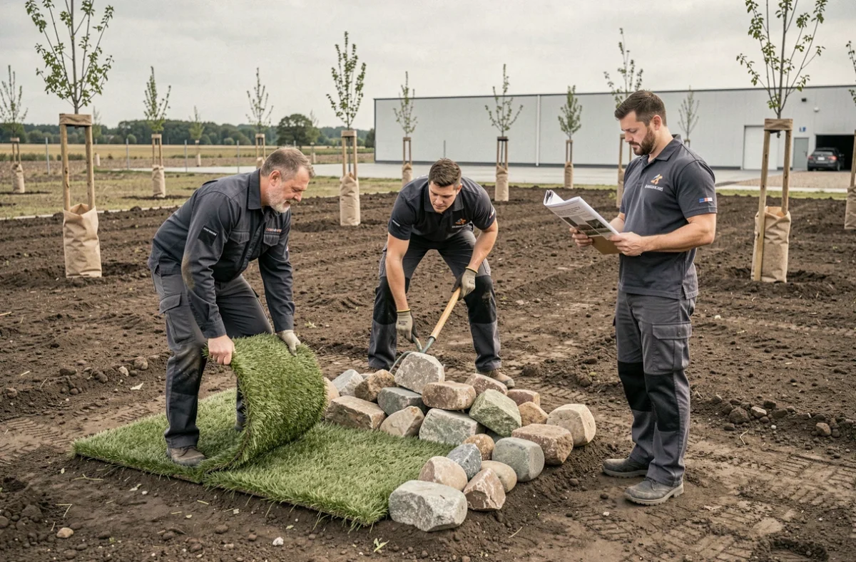 Équipe Edivert en train d'aménager un espace vert sur un chantier commercial à Ormes