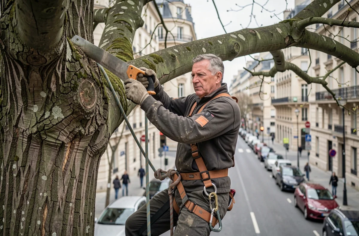 Élagueur en hauteur sécurisé par des cordes professionnelles lors de l'élagage d'un platane en milieu urbain