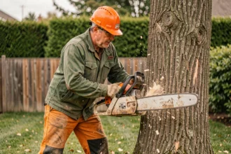 Élagueur professionnel en équipement de sécurité découpant un grand tronc de chêne dans un jardin résidentiel