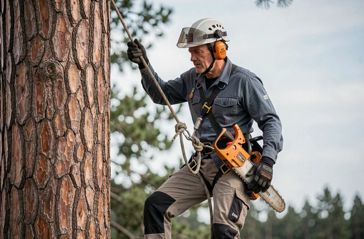 Élagueur professionnel descendant un pin en rappel avec système de friction, équipé d'un casque forestier, de jambières anti-coupures et d'une scie à main