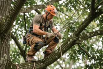 Élagueur grimpeur professionnel équipé d'un harnais certifié et d'un casque orange sécurisant une corde sur une branche de chêne en hauteur