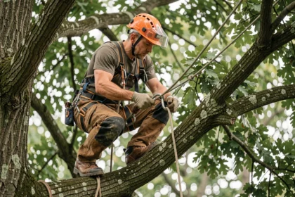 Élagueur grimpeur professionnel équipé d'un harnais certifié et d'un casque orange sécurisant une corde sur une branche de chêne en hauteur