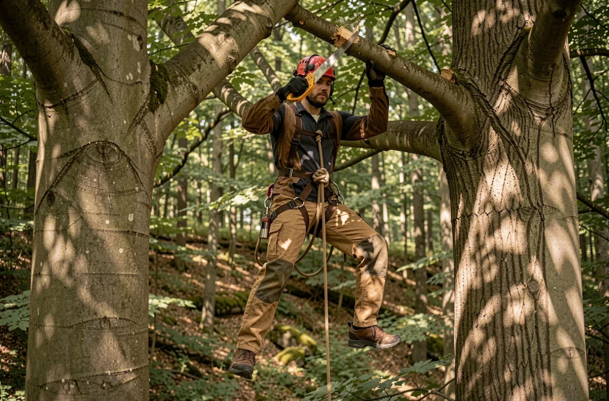 Élagueur grimpeur en harnais réalisant un élagage de houppier dans une forêt de hêtres en France