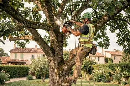 Élagueur professionnel en train d'élaguer un chêne dans un jardin résidentiel en Haute-Garonne avec équipement de sécurité complet