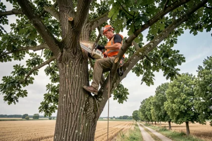 Élagueur professionnel perché dans un chêne en train d'élaguer des branches dans le Loiret