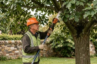 Élagueur professionnel en tenue de sécurité élagant les branches d'un grand chêne dans un jardin résidentiel