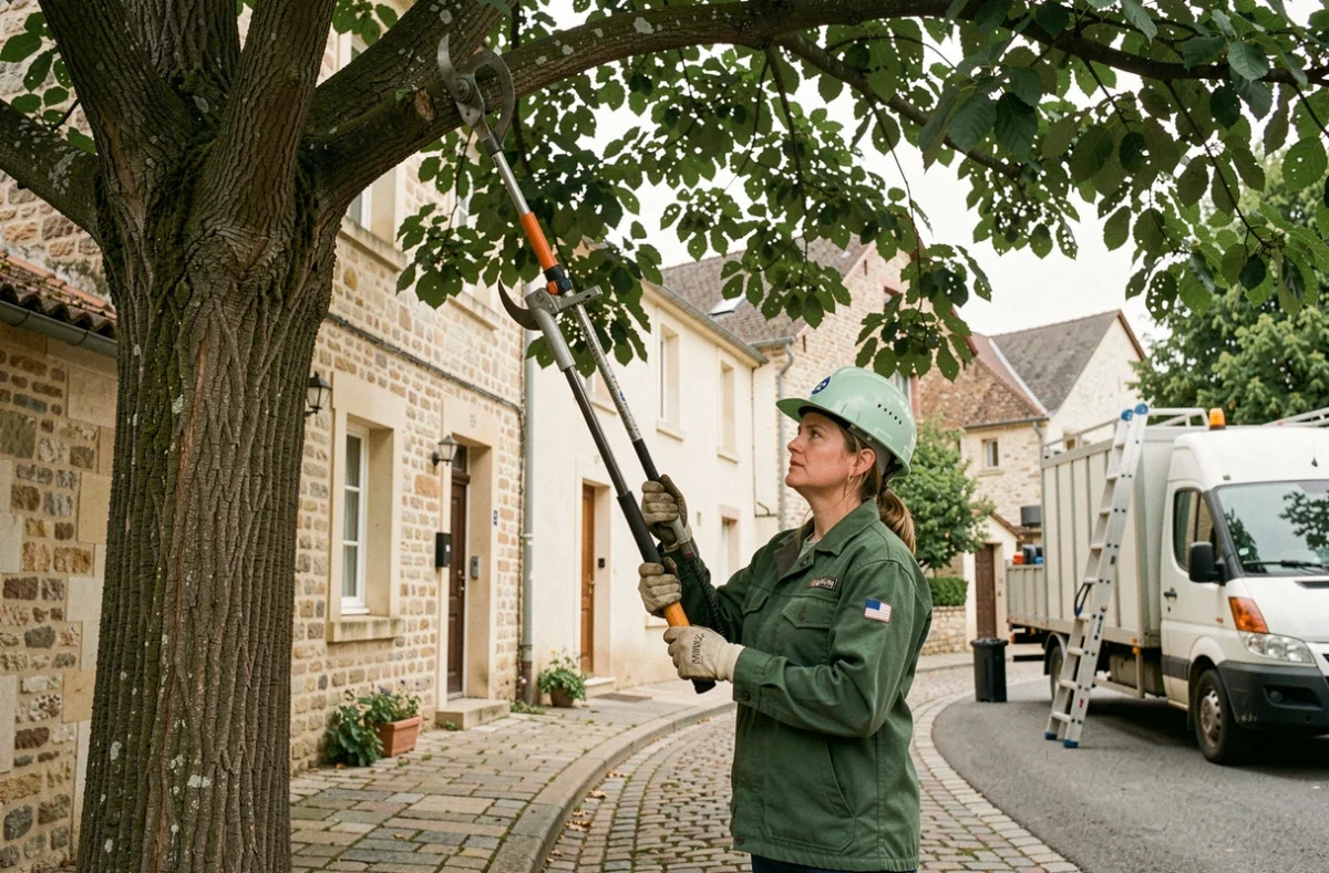 Élagueuse utilisant un échenilloir sur un tilleul dans une rue d'un village du Loiret