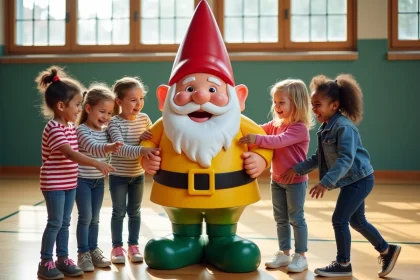 Groupe d'enfants jouant avec un nain de jardin géant dans un gymnase scolaire
