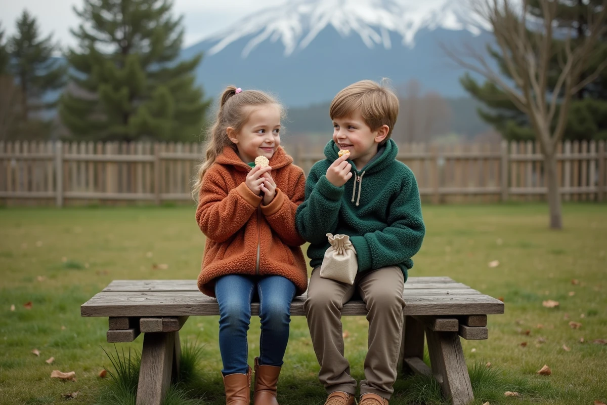 Deux enfants en pleine nature dans un parc d'Annecy, pique-nique en famille avec vue sur les montagnes