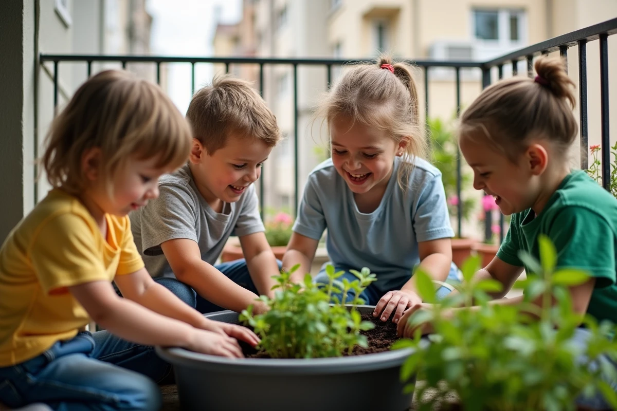 Enfants plantant des herbes sur un balcon en ville
