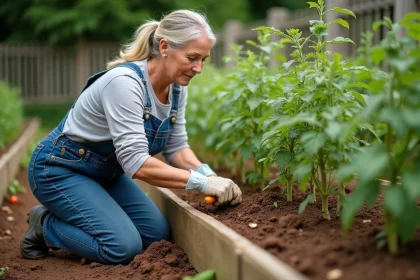 Jardinière amendant un sol argileux autour de plants de tomates avec un engrais granulaire dans un potager