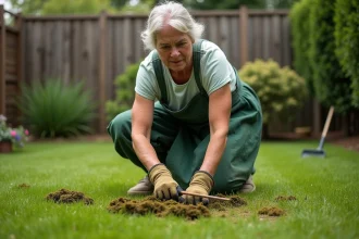 Femme retirant la mousse d'une pelouse avec un râteau manuel dans un jardin résidentiel