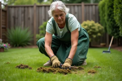Femme retirant la mousse d'une pelouse avec un râteau manuel dans un jardin résidentiel