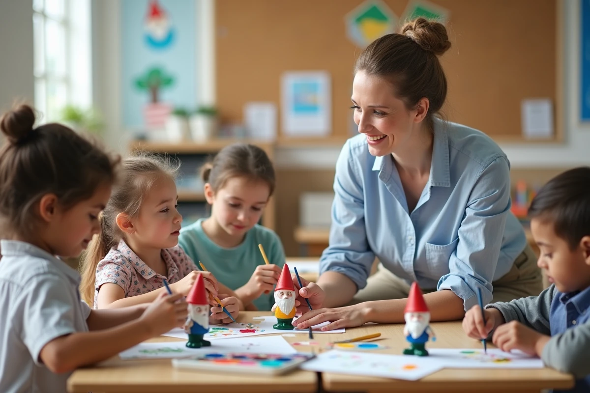 Enseignante et élèves peignant des figurines de nains de jardin en classe d'arts plastiques