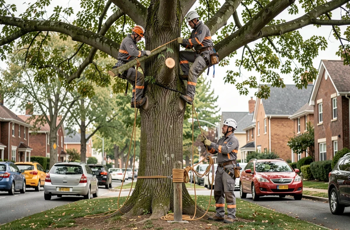 Deux élagueurs professionnels travaillant en équipe sur un platane en zone urbaine avec système de mouflage de descente contrôlée