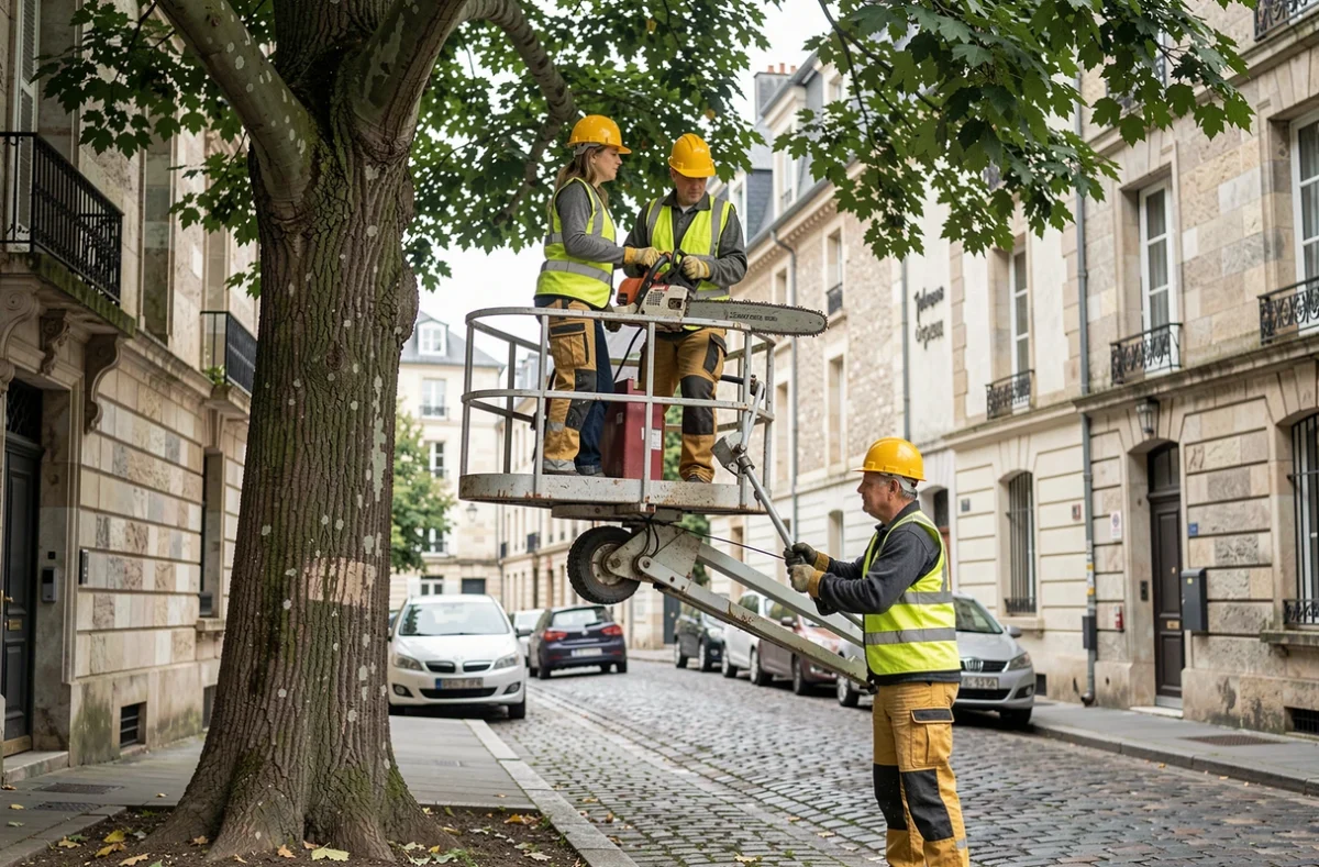 Équipe d'élagage travaillant sur un platane en milieu urbain avec nacelle élévatrice dans une rue française