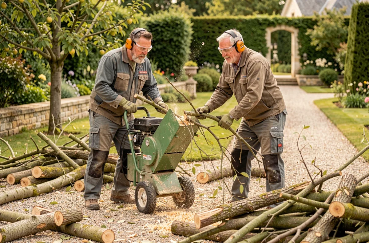 Équipe d'élagueurs au sol utilisant un broyeur de branches dans un jardin à Orléans