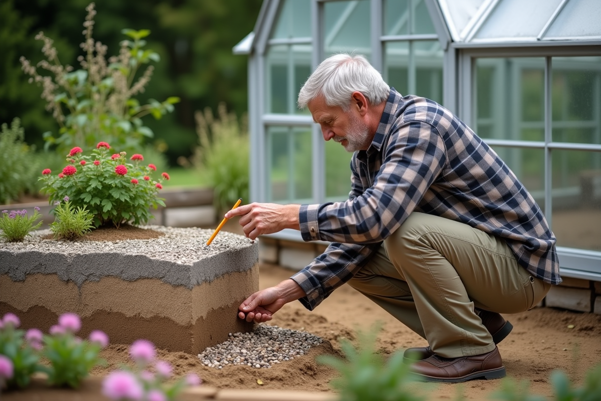Expert en jardinage analysant la fondation de la serre