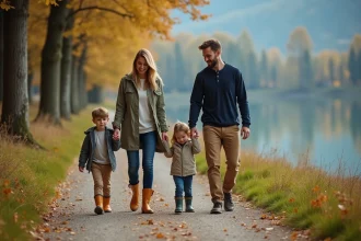 Famille se promenant dans un parc au bord du lac d'Annecy en automne, feuilles dorées sur le chemin