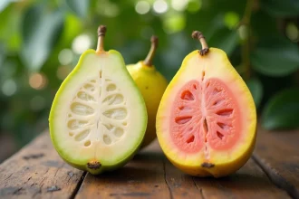 Comparaison côte à côte d'un feijoa coupé en deux et d'une goyave classique sur une table en bois rustique, révélant leurs chairs intérieures contrastées