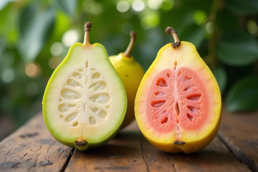 Comparaison côte à côte d'un feijoa coupé en deux et d'une goyave classique sur une table en bois rustique, révélant leurs chairs intérieures contrastées