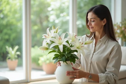 Femme paisible arrangeant des fleurs blanches dans un vase minimaliste