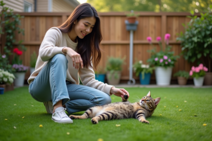 Jeune femme en jeans et pull souriant avec son chat dans le jardin