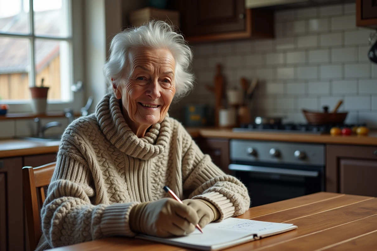 Femme âgée souriante prenant des notes à la cuisine