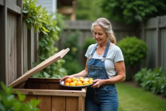 Femme en vêtements de jardinage triant des déchets de cuisine près d'un compost