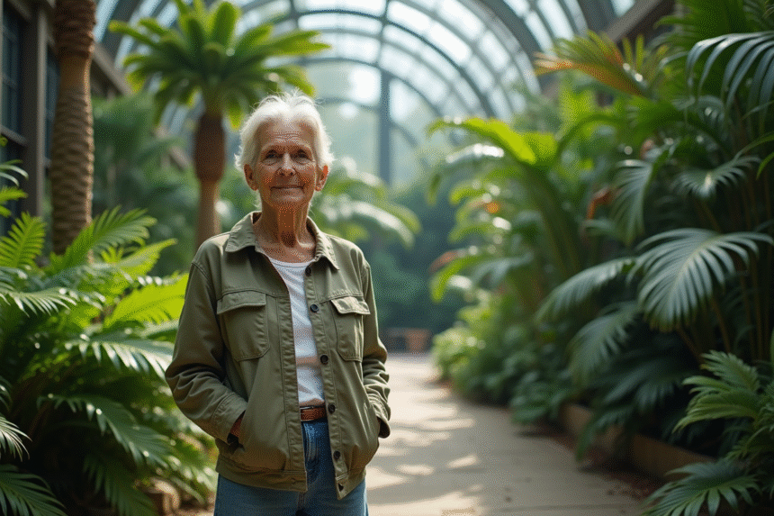 Femme au conservatoire botanique entourée de plantes tropicales