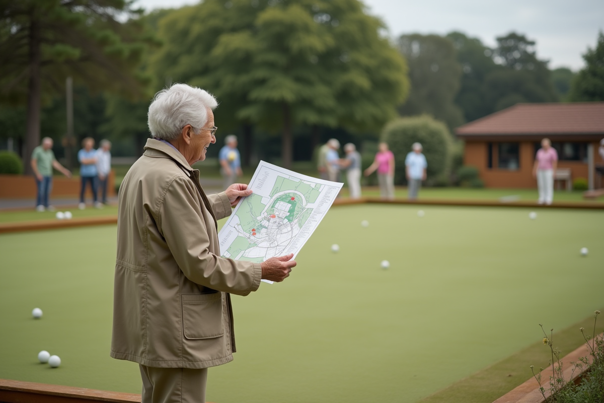 Femme regardant un plan du bowling en extérieur