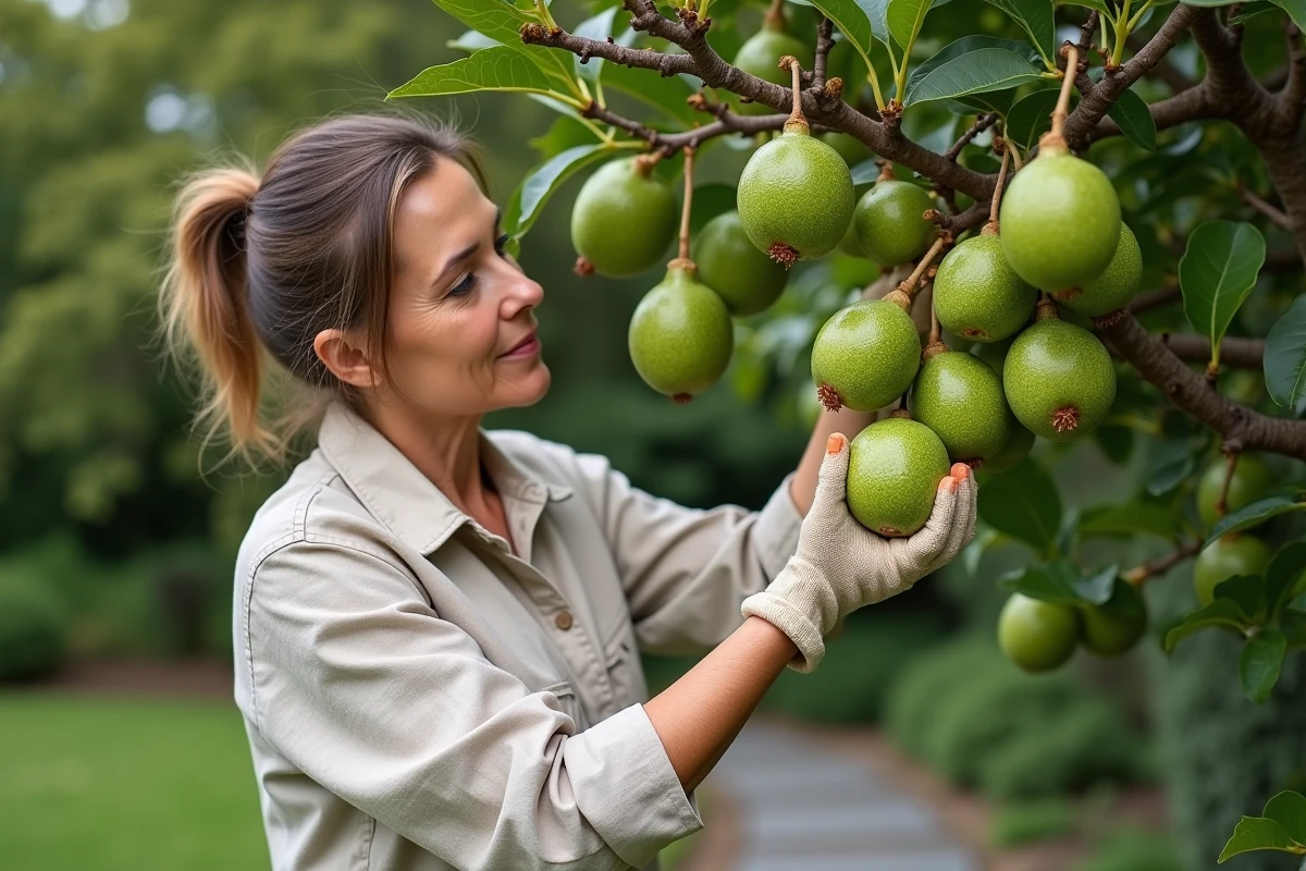 Une femme inspecte des fruits de feijoa mûrs accrochés aux branches d'un arbre dans un jardin subtropical verdoyant