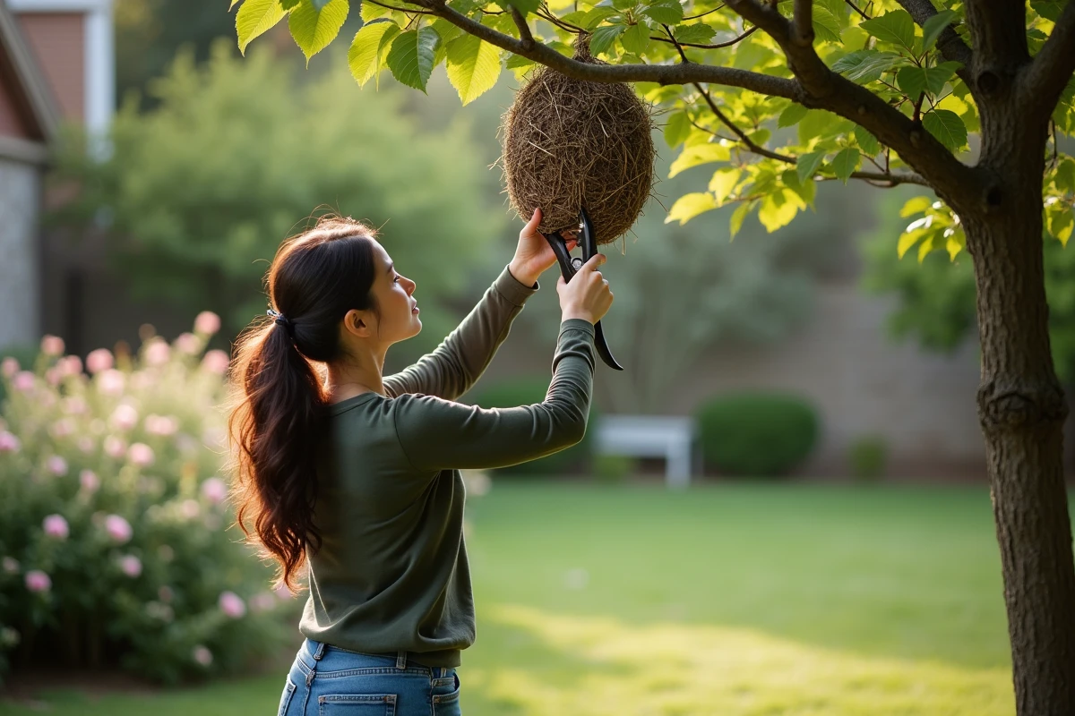 Femme retirant un nid de frelons asiatiques d une branche d arbre