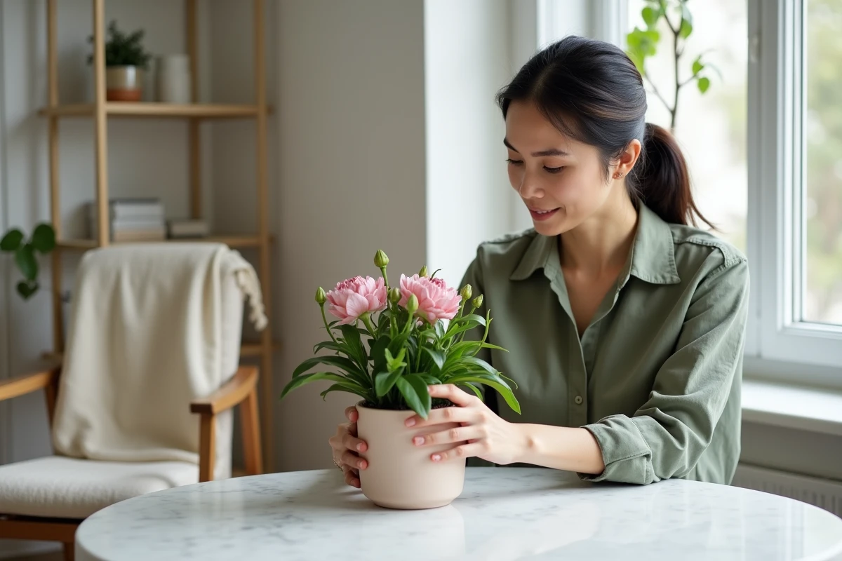 Femme entretenant un lisianthus en pot sur une table en marbre dans un salon de style scandinave épuré