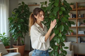 Femme nettoyant un ficus dans un salon moderne