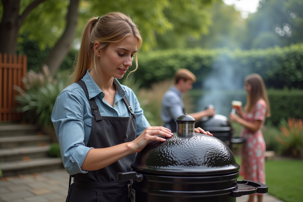 Jeune femme place le couvercle du barbecue avec amis en arrière
