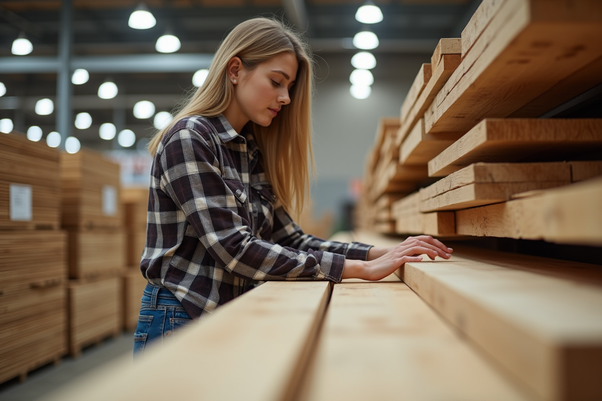 Jeune femme inspectant des planches en bois en magasin